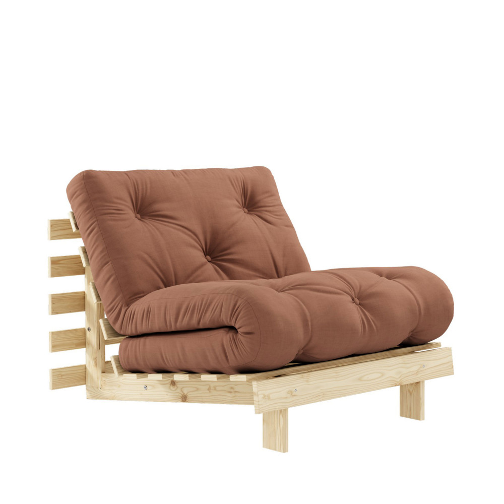 roots - fauteuil convertible 90x200cm en bois naturel et tissu - couleur - marron argile