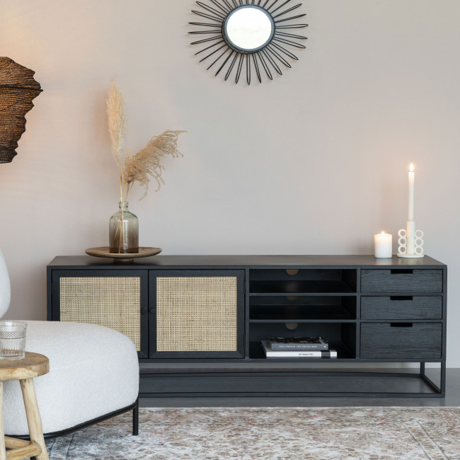 Guuji - Buffet 2 portes 3 tirroirs en bois et cannage L150cm