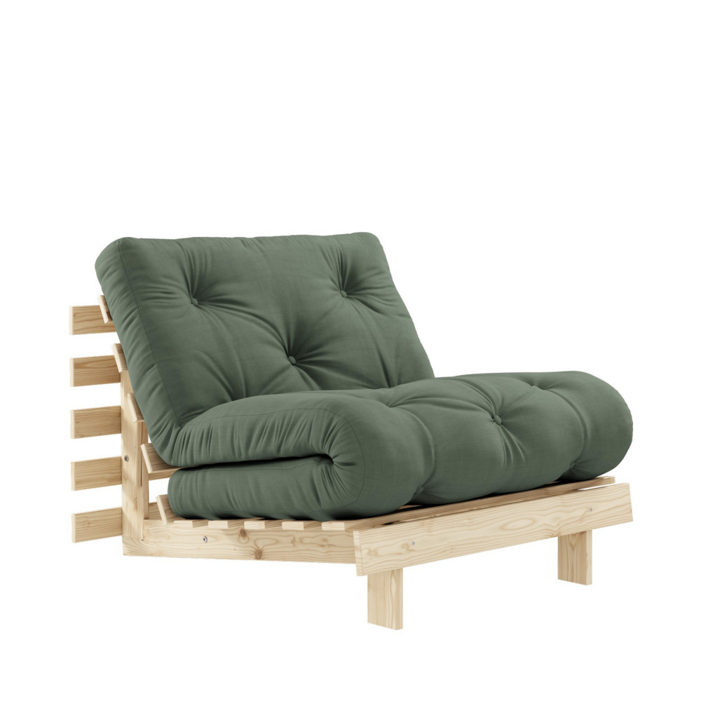 roots - fauteuil convertible 90x200cm en bois naturel et tissu - couleur - vert olive