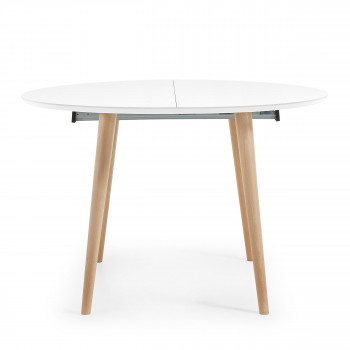 Oqui – Table ronde extensible en laqué pieds bois ⌀120-200x120cm