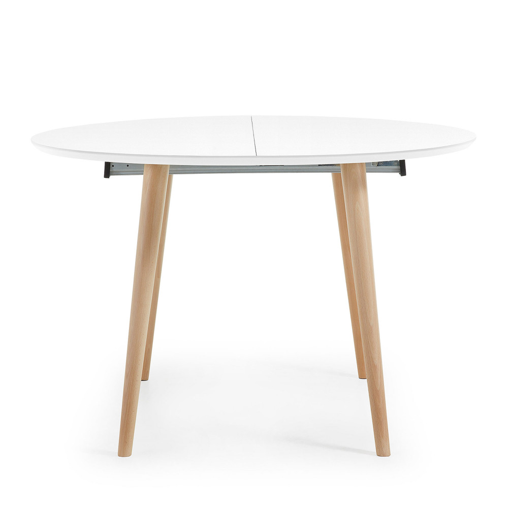 Oqui - Table ronde extensible en laqué pieds bois ?120-200x120cm - Couleur - Blanc