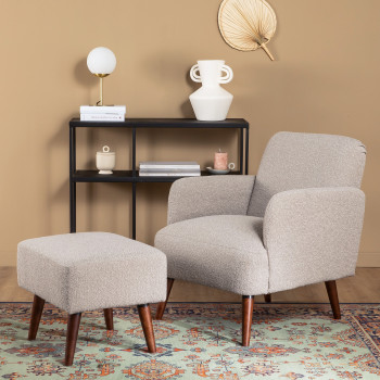 Brooks - Fauteuil rétro en tissu bouclette pieds bois foncé