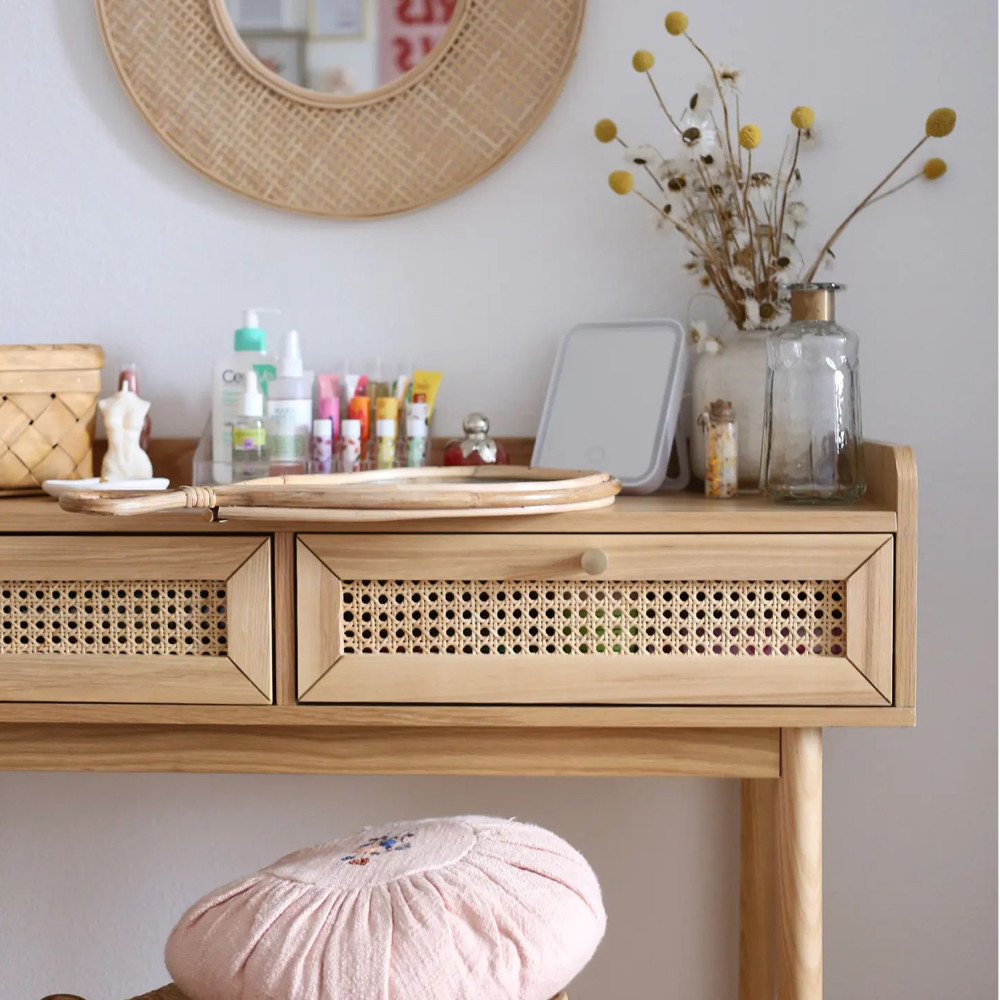 Bombong - Console 2 tiroirs en bois et cannage L100cm