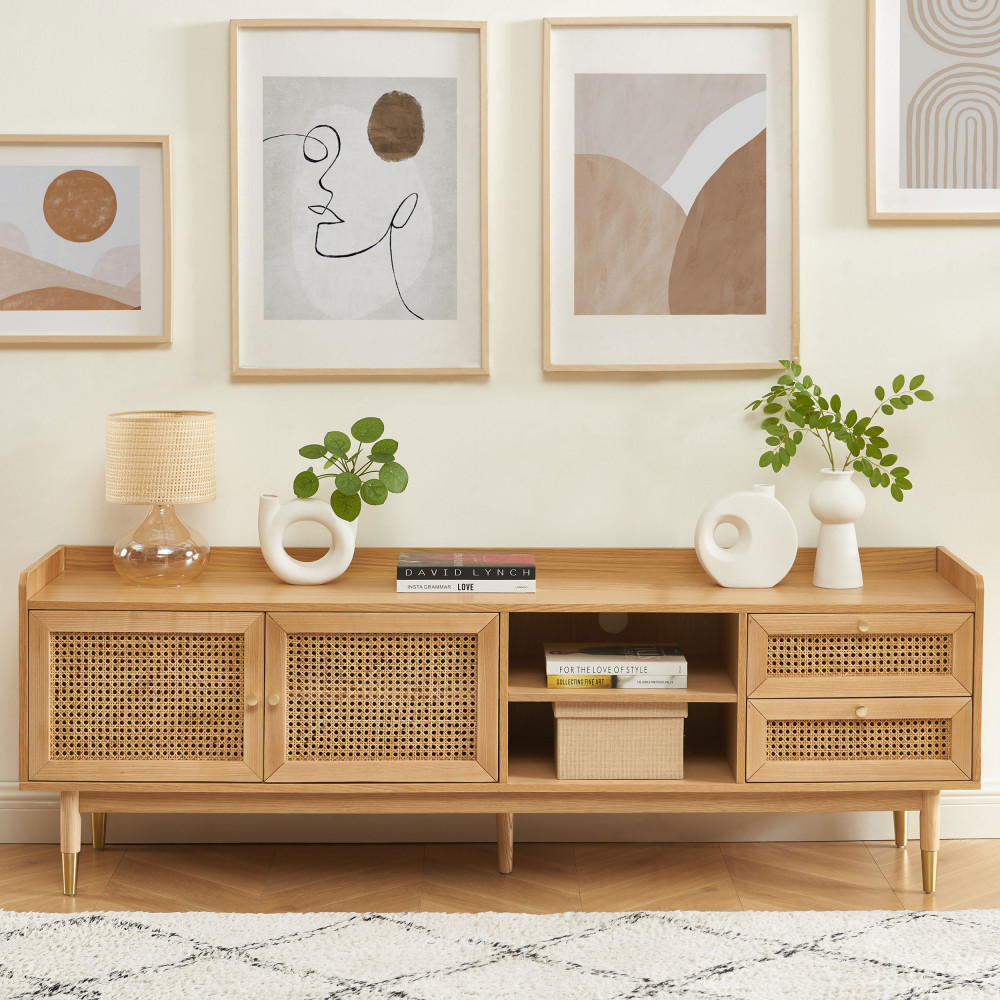 Meuble TV scandinave chêne et cannage, 1 porte, 1 tiroir