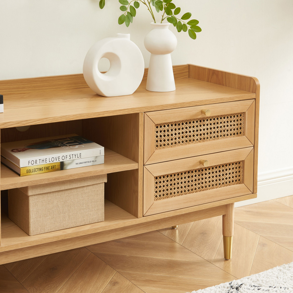 Banc d'entrée avec rangement chaussures en bois et cannage L100cm bois  clair - BOMBONG