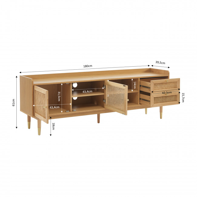 Bombong - Meuble TV 2 portes 2 tiroirs en bois et cannage 180 cm