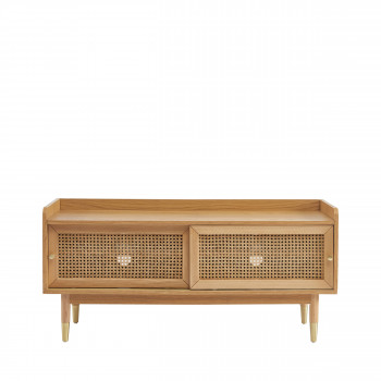 Bombong - Meuble TV 2 portes coulissante en bois et cannage 120cm