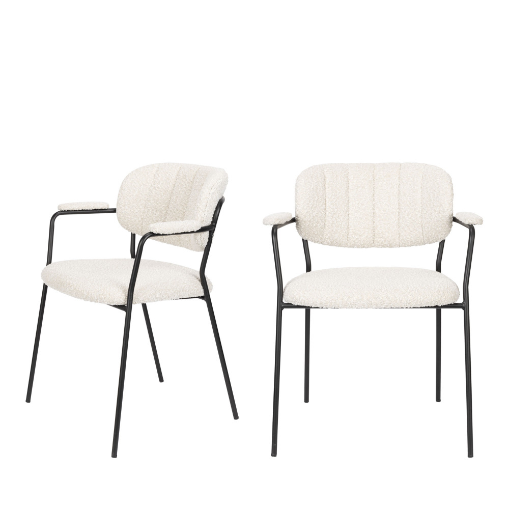 jolien - lot de 2 chaises avec accoudoirs en tissu bouclette et pieds noirs - couleur - ecru