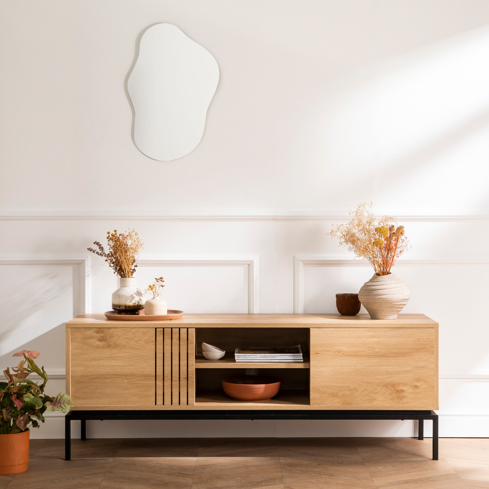 Meubles de salon en bois et métal : 1 meuble TV, 1 vitrine et 1 étagère  murale - ASM