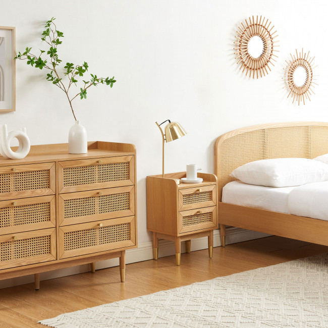 Bombong - Table de chevet 2 tiroirs en bois et cannage