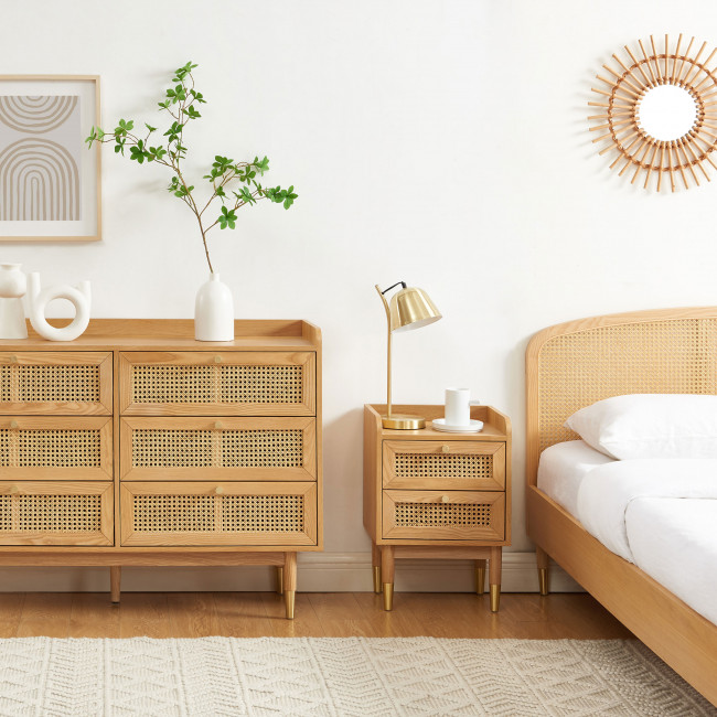 Bombong - Table de chevet 2 tiroirs en bois et cannage