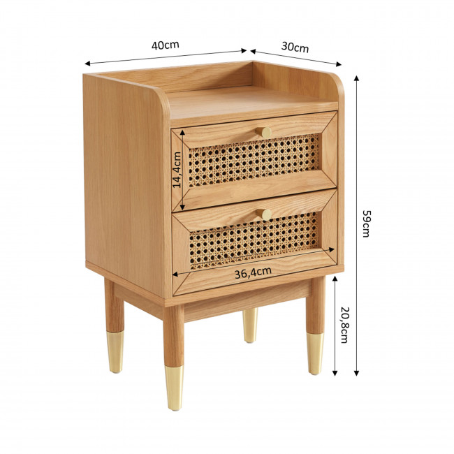 Bombong - Table de chevet 2 tiroirs en bois et cannage