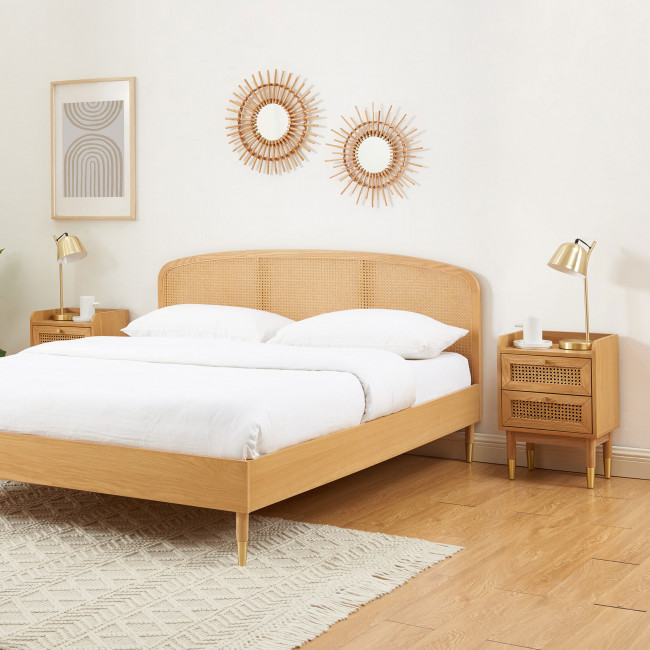 Bombong - Table de chevet 2 tiroirs en bois et cannage