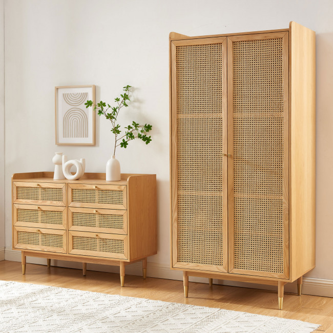 Bombong - Commode 6 tiroirs en bois et cannage L120cm