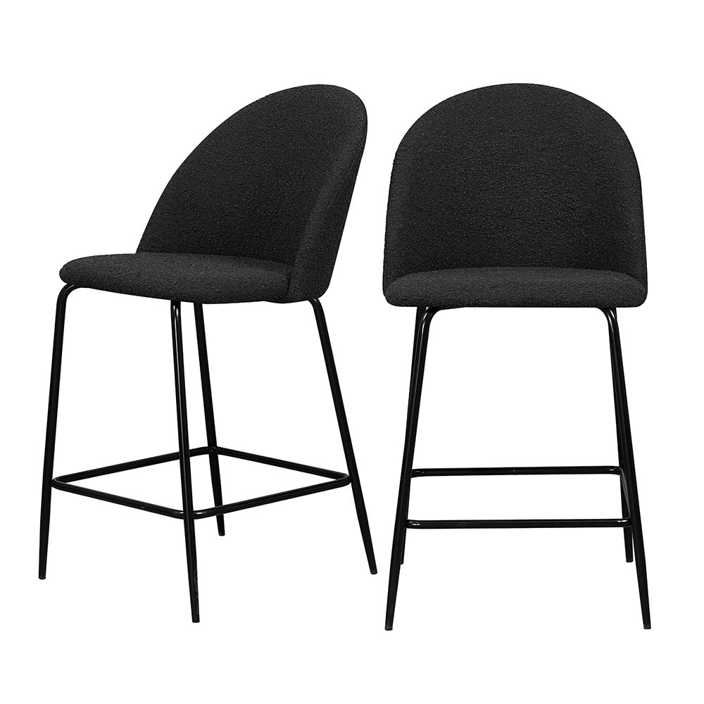 vitikko - lot 2 fauteuils de bar 65cm en tissu bouclette et pieds noirs - couleur - noir