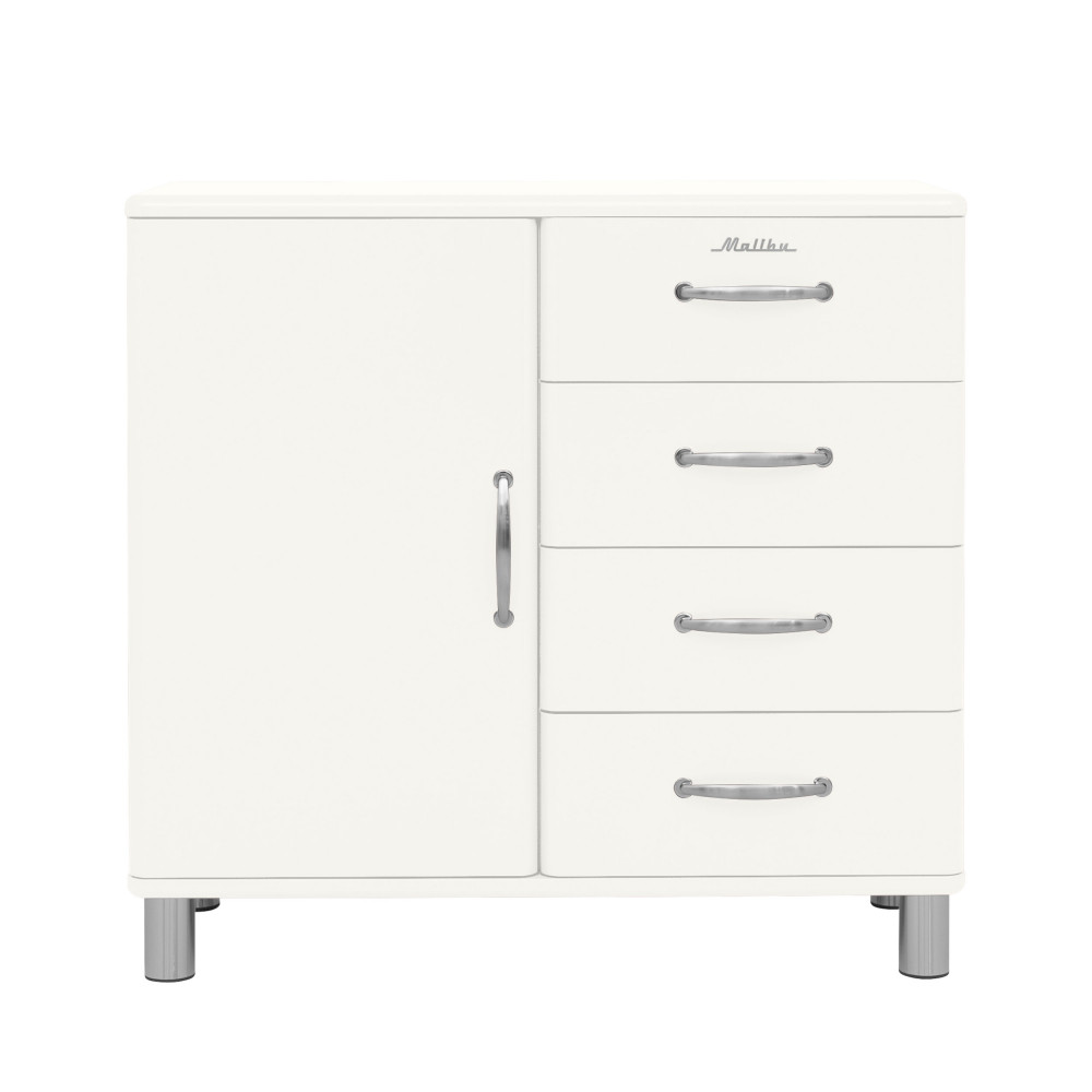 Malibu - Buffet vintage 1 porte 4 tiroirs L98cm - Couleur - Blanc cassé