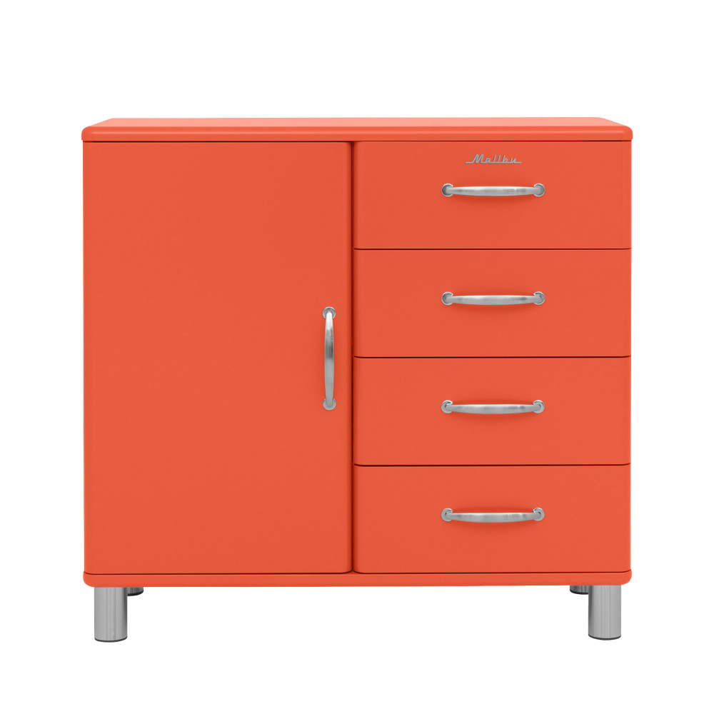 Malibu - Buffet vintage 1 porte 4 tiroirs L98cm - Couleur - Rouge