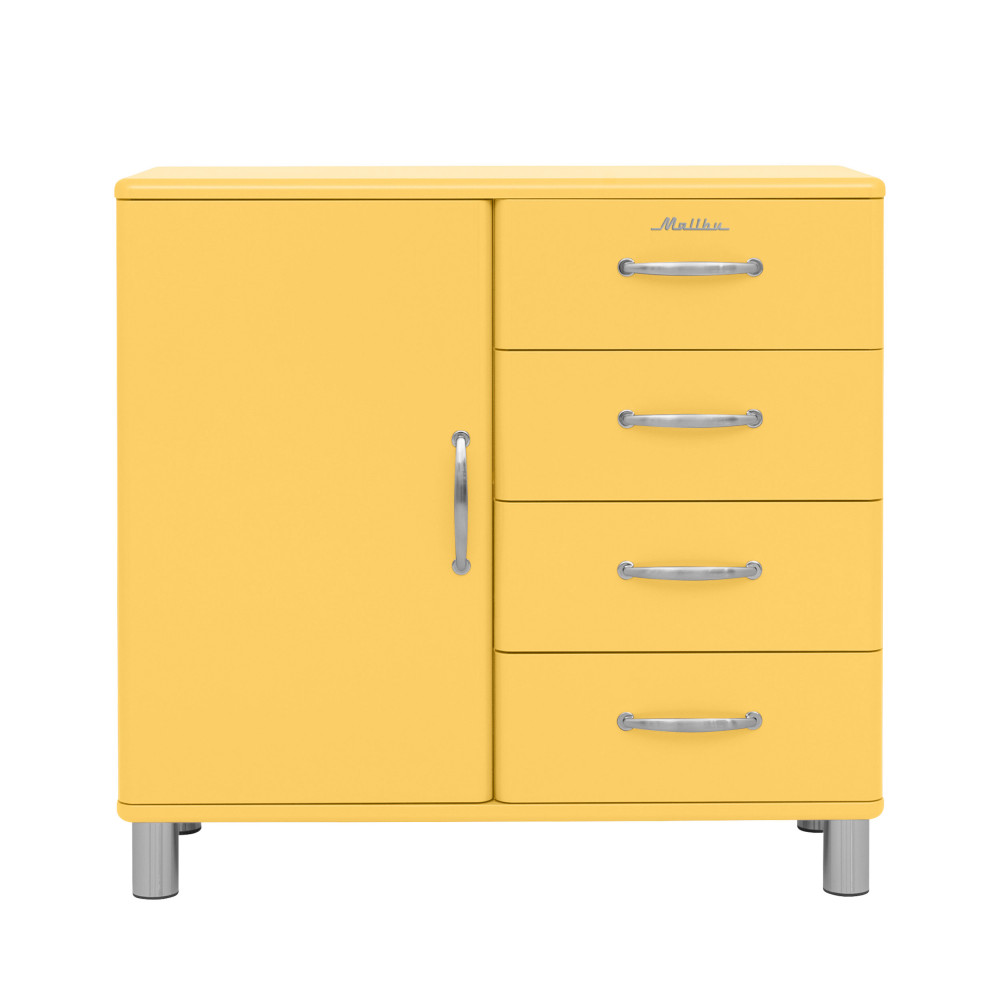 Malibu - Buffet vintage 1 porte 4 tiroirs L98cm - Couleur - Jaune