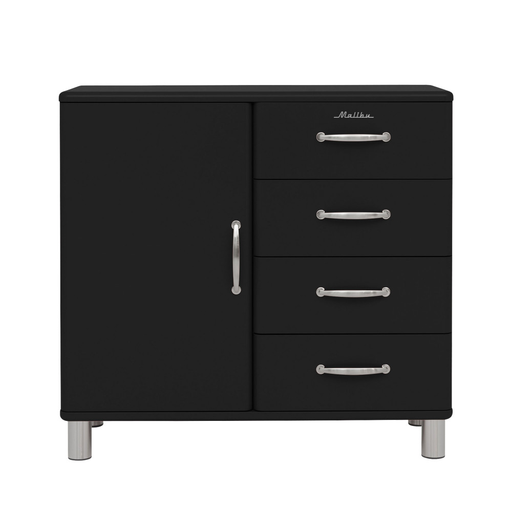 Malibu - Buffet vintage 1 porte 4 tiroirs L98cm - Couleur - Noir