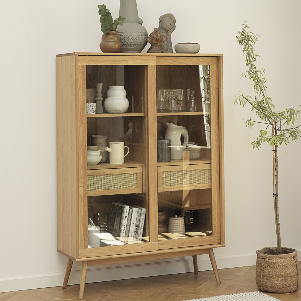 Vitrine 2 portes, 2 tiroirs en verre et bois H160cm - KIYO