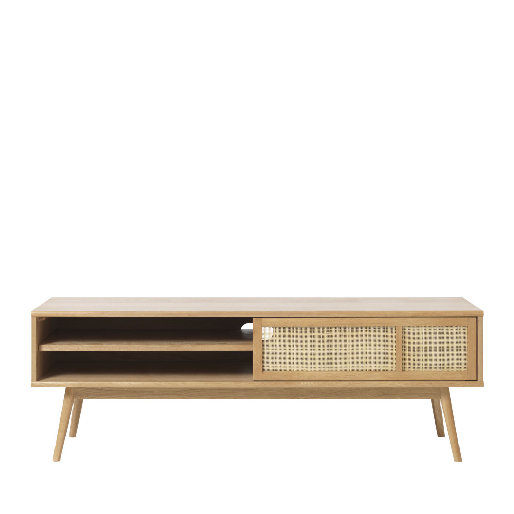 Meuble TV scandinave chêne et cannage, 1 porte, 1 tiroir