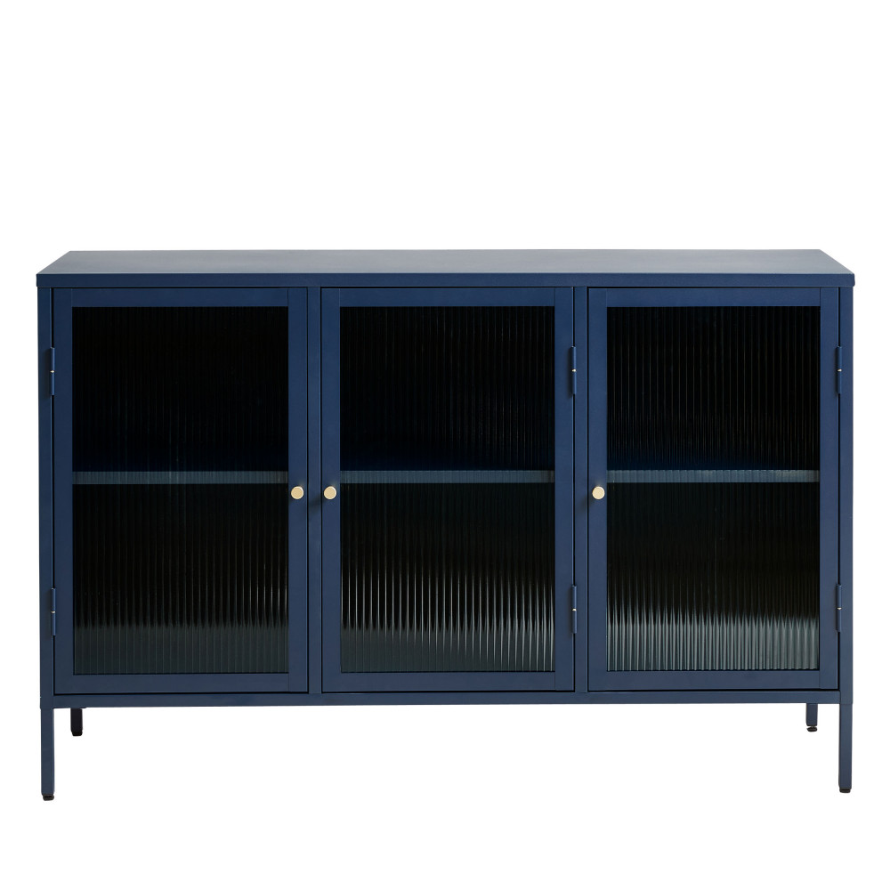 bjorn - buffet 3 portes en verre strié et métal l132cm - couleur - bleu