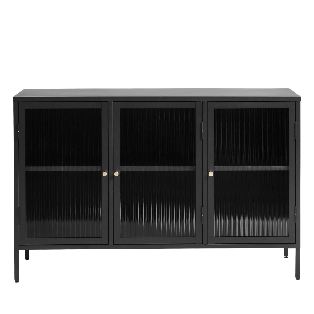 Bjorn - Buffet 3 portes en verre strié et métal L132cm - Couleur - Noir