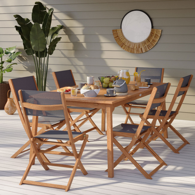 Saima - Ensemble de jardin 1 table extensible et 6 chaises en bois d'eucalyptus