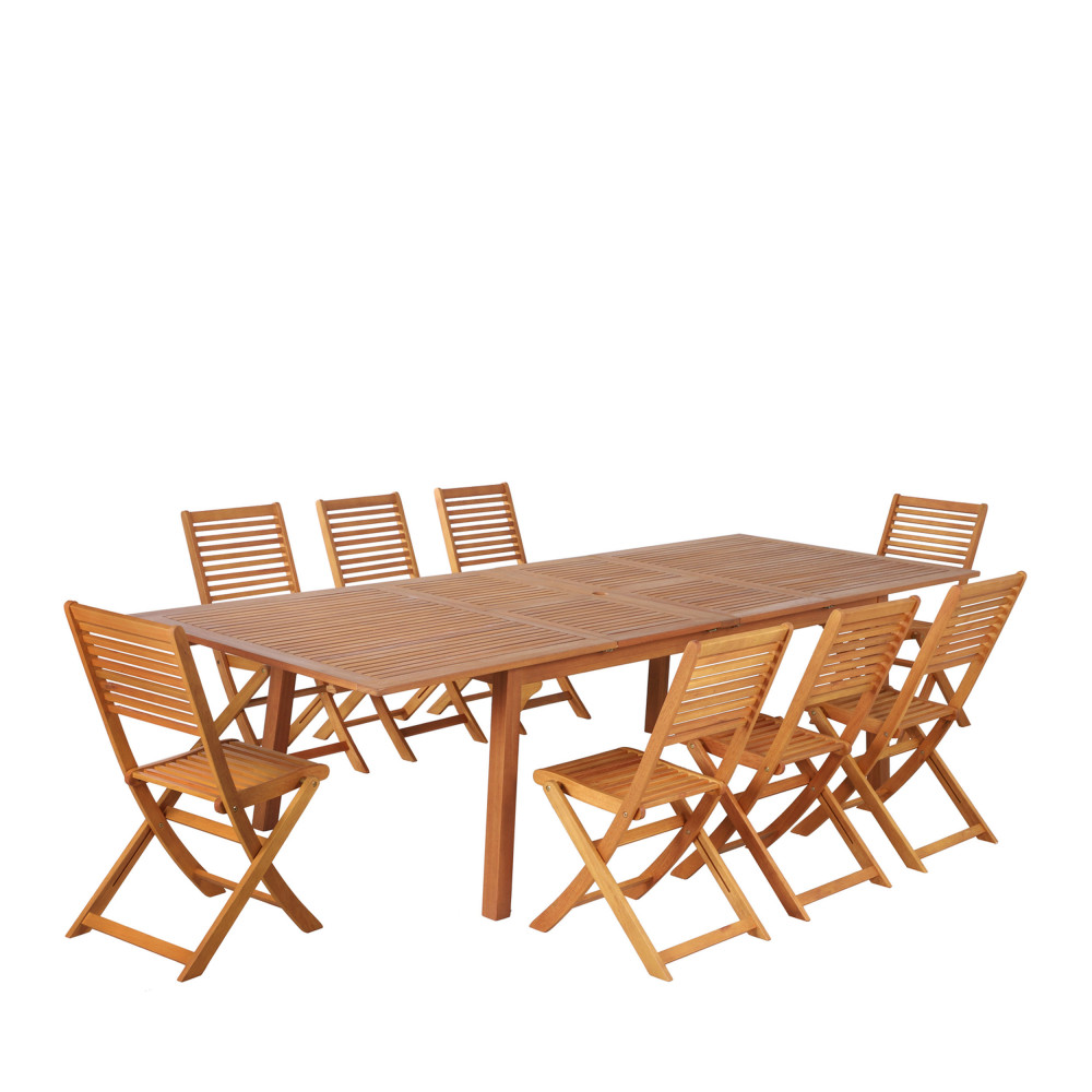 Essi - Ensemble de jardin 1 table et 8 chaises en bois d'eucalyptus - Couleur - Bois clair