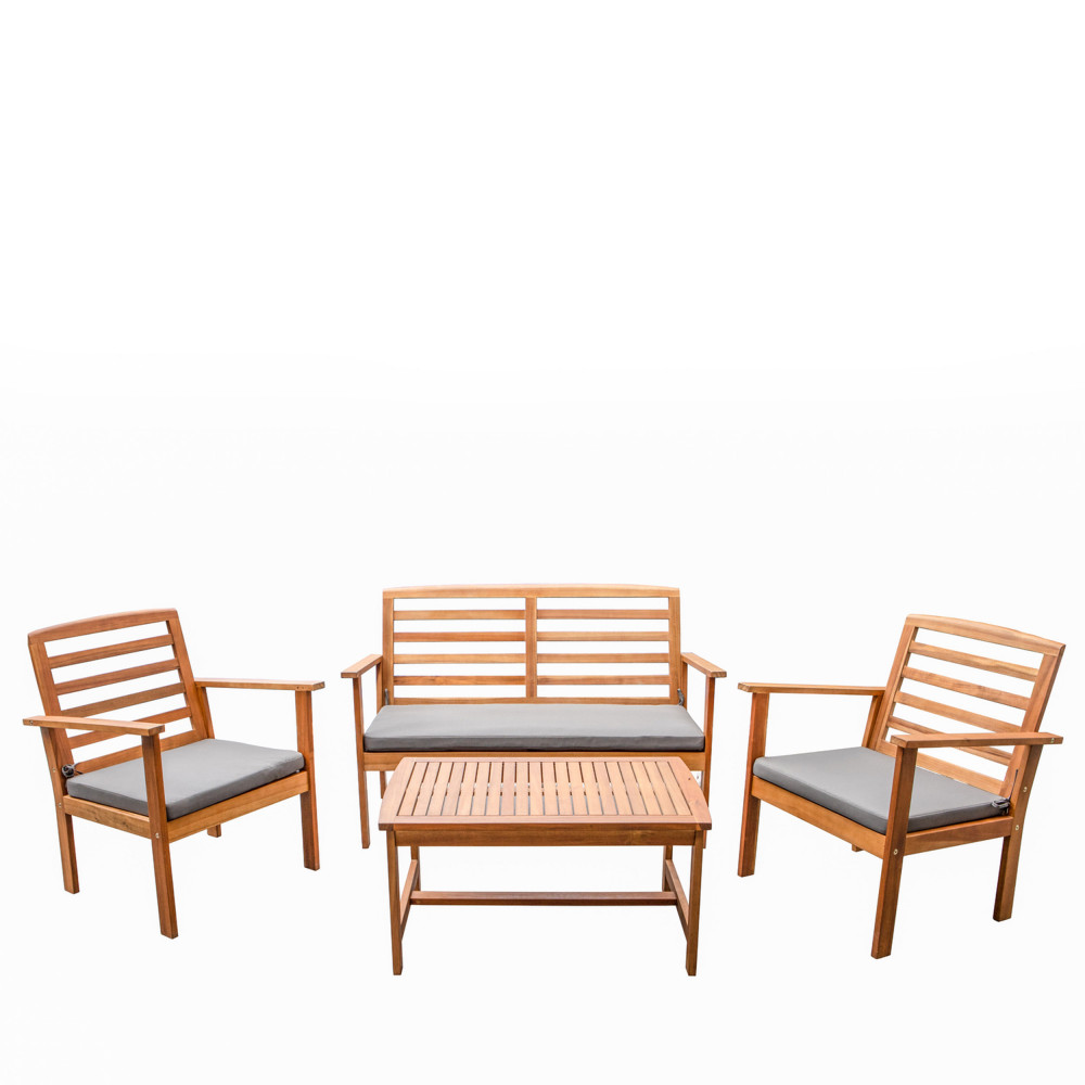 kimo - salon de jardin 1 canapé, 2 fauteuils et 1 table basse en bois d'acacia - couleur - gris clair