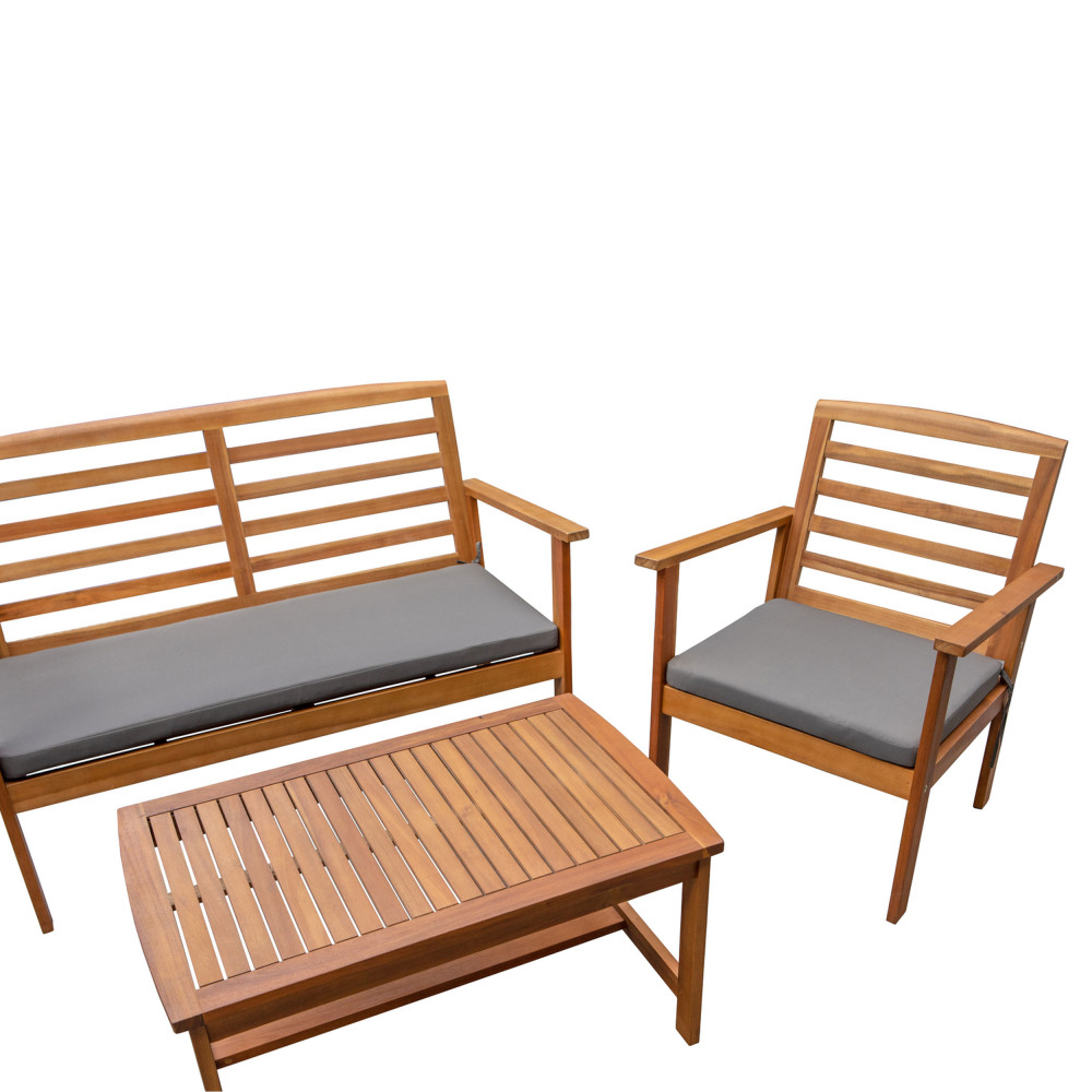Salon de jardin 1 canapé, 2 fauteuils et 1 table basse en bois d'acacia -  KIMO