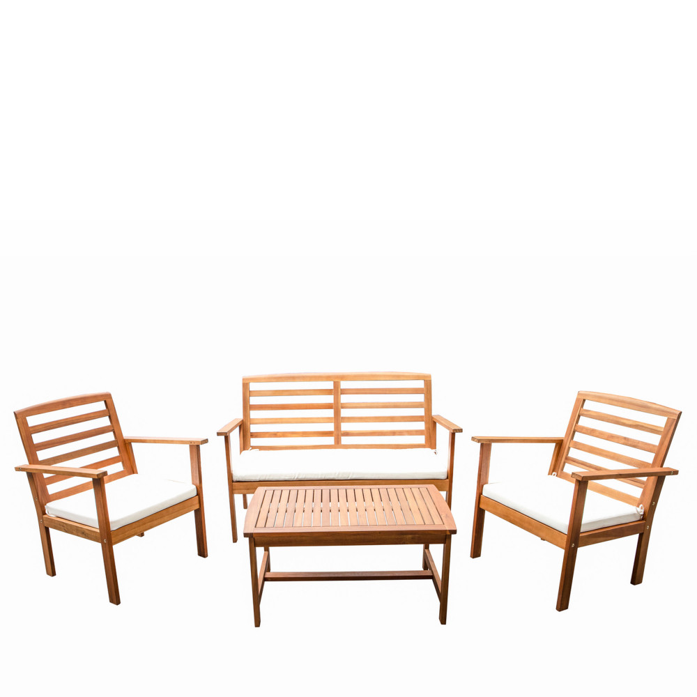 Kimo - Salon de jardin 1 canapé, 2 fauteuils et 1 table basse en bois d'acacia - Couleur - Ecru