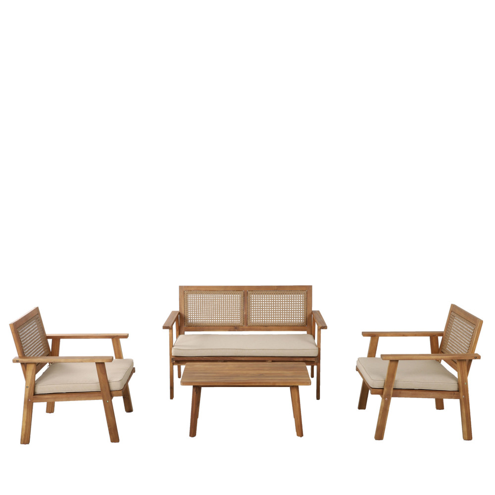 nora - salon de jardin 1 canapé, 2 fauteuils et 1 table basse en bois d'acacia et cannage - couleur - gris clair