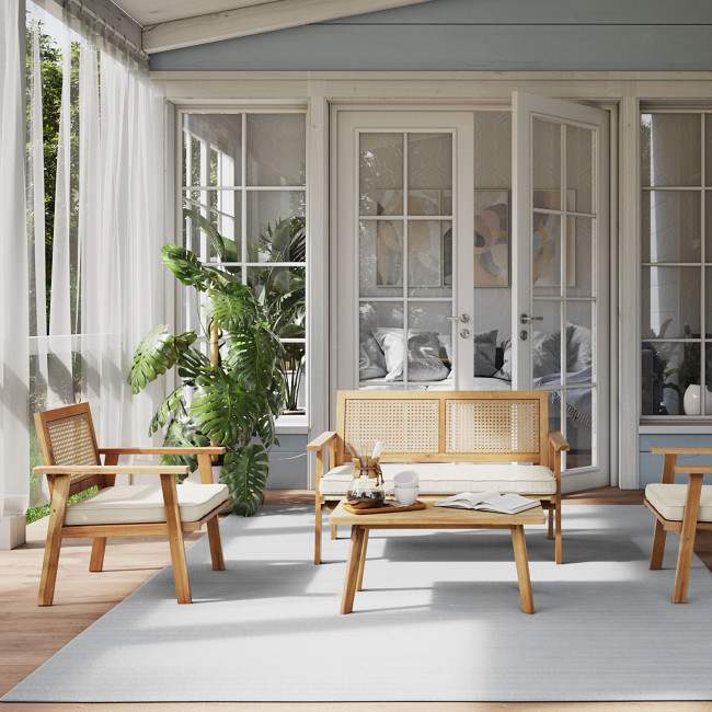 Nora - Salon de jardin 1 canapé, 2 fauteuils et une table basse en bois d'acacia et cannage