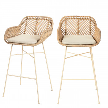 Nunuhai - Lot de 2 tabourets de bar en rotin pieds beige 68cm