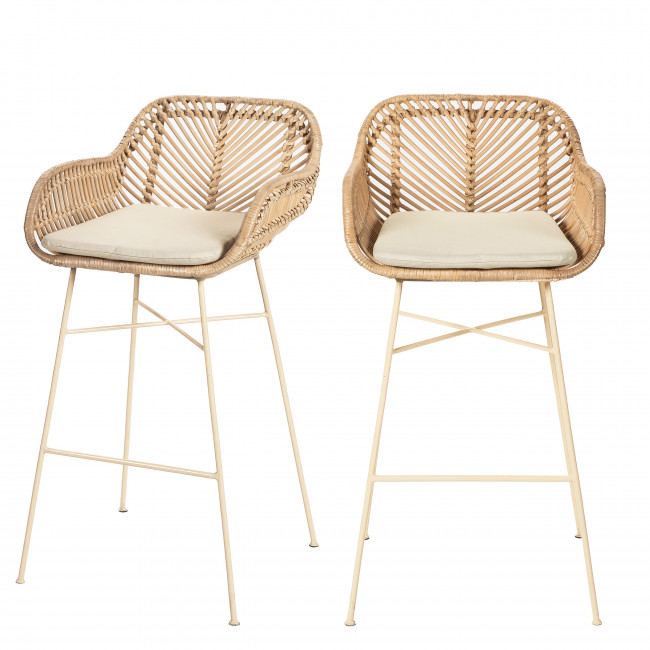 Nunuhai - Lot de 2 tabourets de bar en rotin pieds beige 68cm
