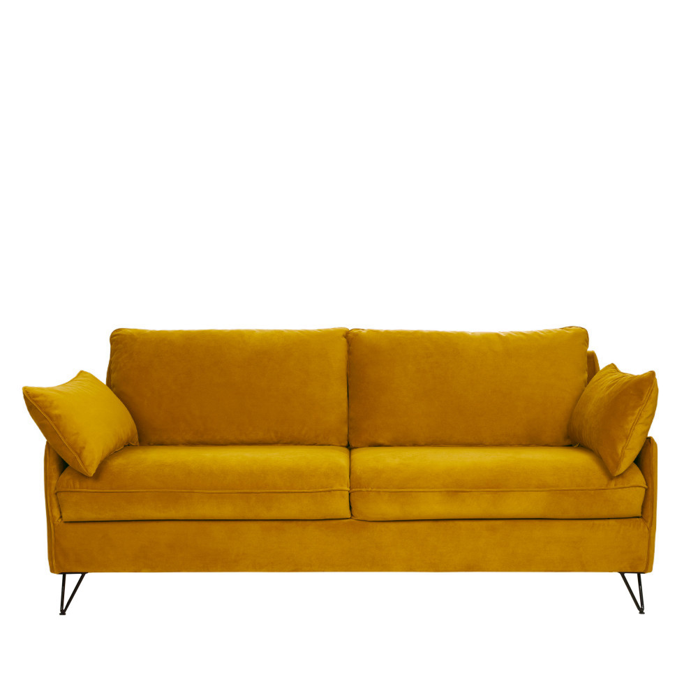 Lunery - Canapé 4 places convertible en velours pieds épingles noirs - Couleur - Jaune moutarde