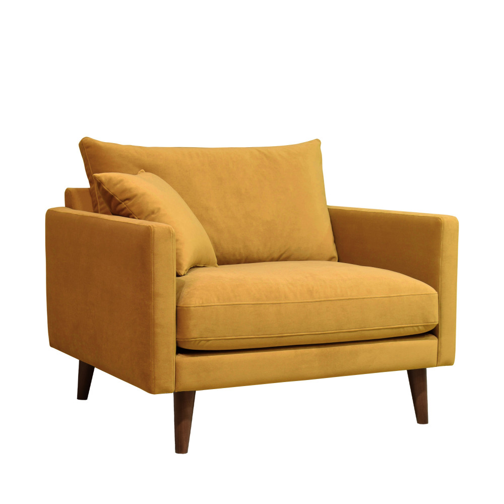 Villabon - Fauteuil XL en velours pieds bois foncé - Couleur - Jaune moutarde