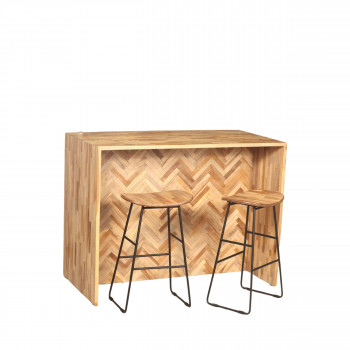 Sharang - Table de bar avec rangements et 2 tabourets 65cm en teck recyclé