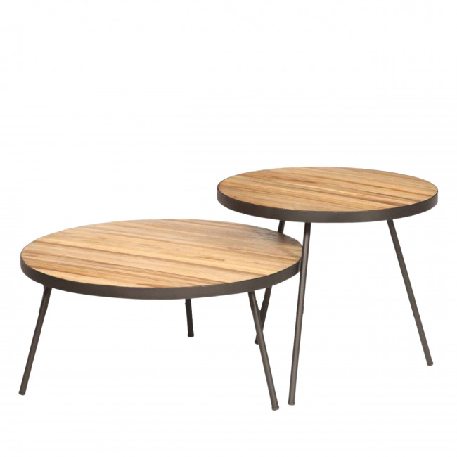 Tarakan - Lot de 2 tables basses rondes en teck recyclé et métal ø74-58cm